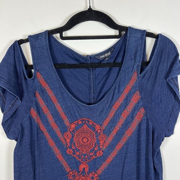 Lucky Brand Women Navy Blue & Red Embroidered Cold Shoulder Blouse Top Sz LARGE - Picture 4 of 11